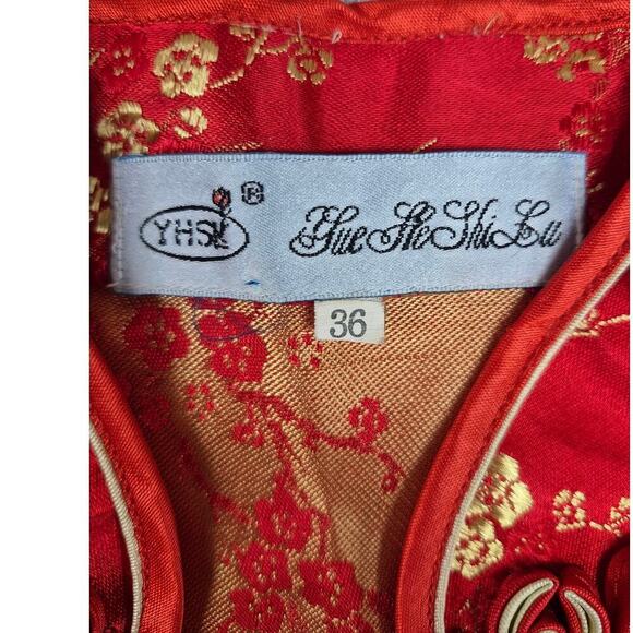 90s Vtg Cheongsam Dress Yue He Shi Lu Red/Gold Brocade Dress WIggle Gown Sz S - Picture 5 of 6